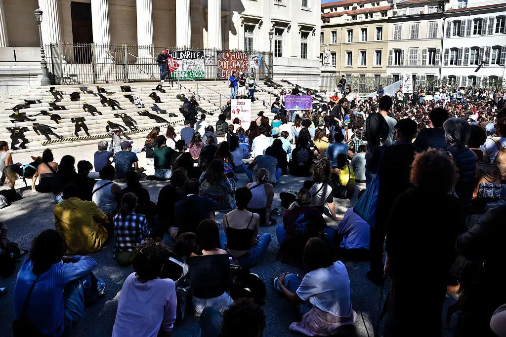 Over 500 people gathered in front of the Marseille courthouse in support of Gisele (Gerard Bottino/SOPA Images/LightRocket via Getty Images)