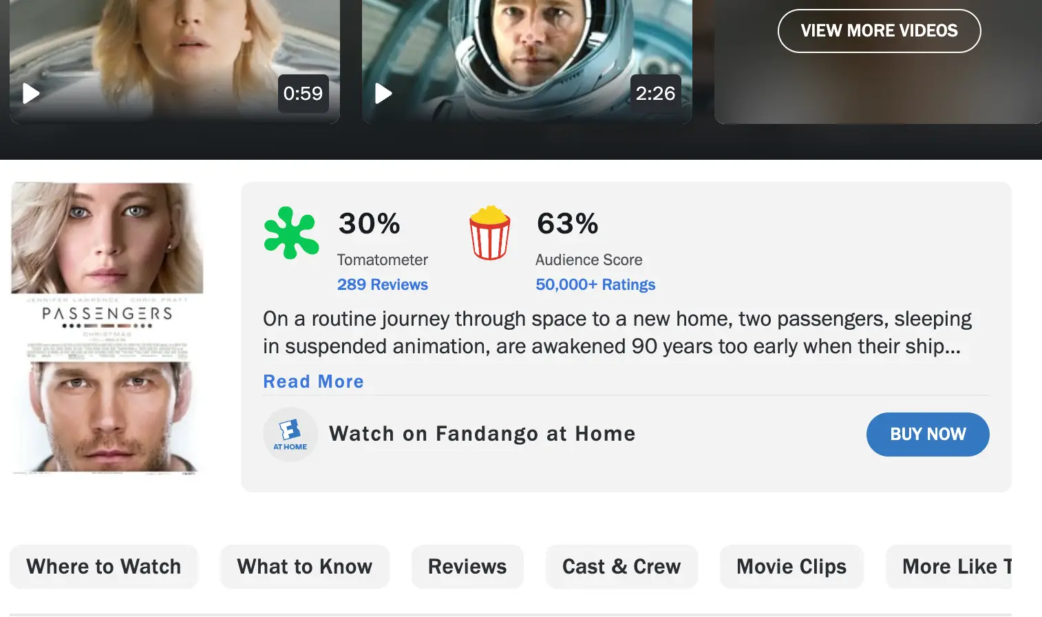 Passengers' Rotten Tomatoes score isn't ideal. (Rotten Tomatoes) 