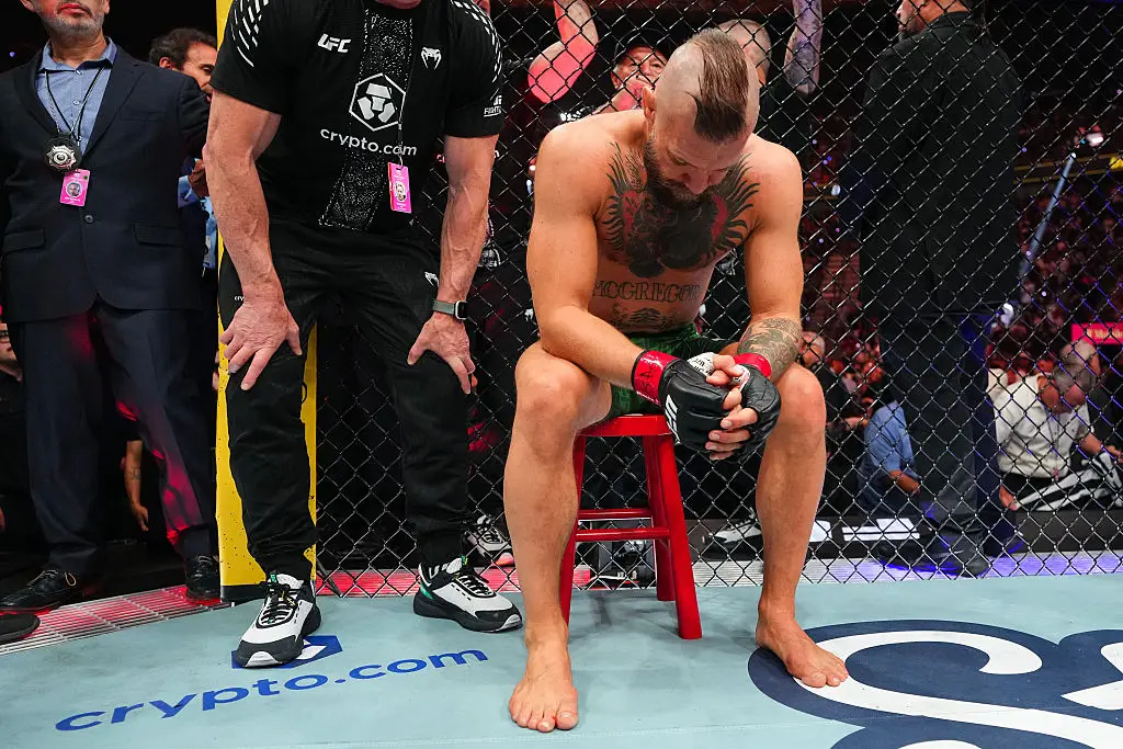 seconds. McGregor, 37, suffered a crushing first-round TKO loss to Max Holloway in the early hours of this morning in the main event of UFC 329 at T-Mobile Arena in Las Vegas(Photo by Chris Unger/Zuffa LLC)