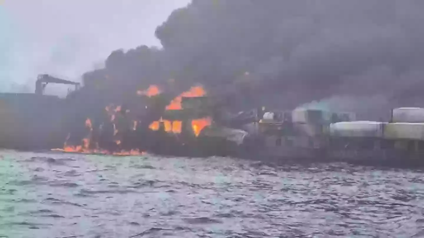 It is believed the US oil tanker was carrying jet fuel at the time of the collision (Twitter/@‌Tessaronnews)