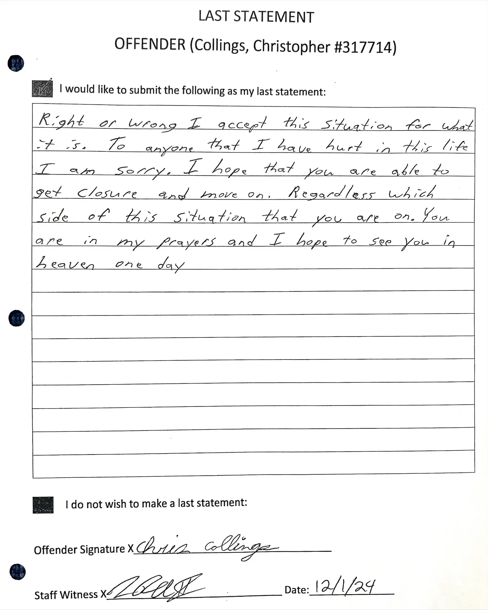 His final words were written down (Missouri Department of Corrections)