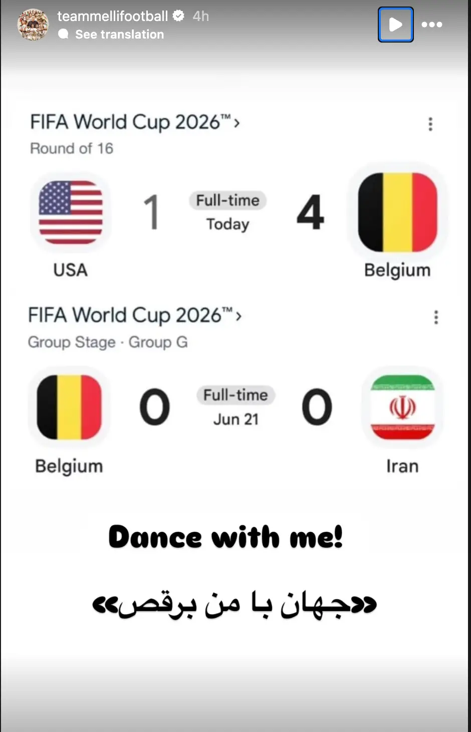The official account of Iran national football team were quick to mock the Americans after their exit after deafeat to Belgium last night. (Instagram/TeamMelliFootball)