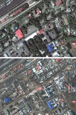 Bbefore and after comparison of central Sumy, Ukraine.