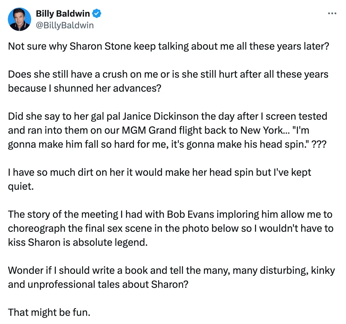 Billy Baldwin responded to Stone's claims on social media.