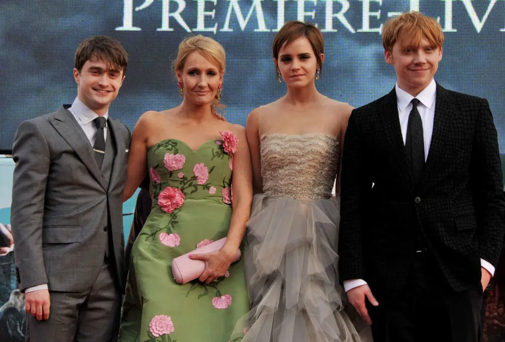 JK Rowling, pictured with Harry Potter stars Daniel Radcliffe, Emma Watson, and Rupert Grint, has said she will never forgive Radcliffe and Watson for the pair's comments in the media (Jon Furniss/WireImage)