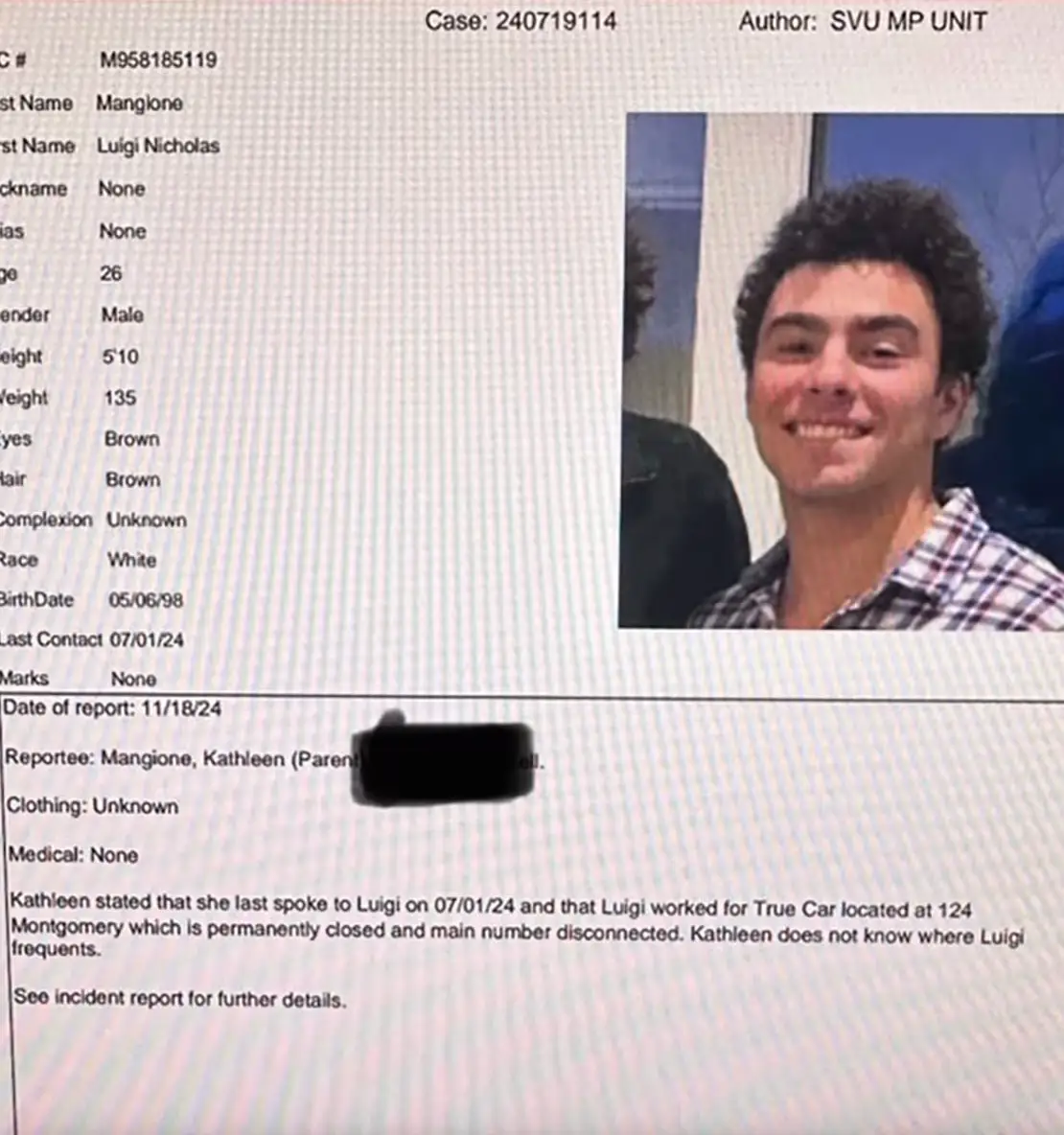 A missing person poster of Mangione (NBC News/Police)