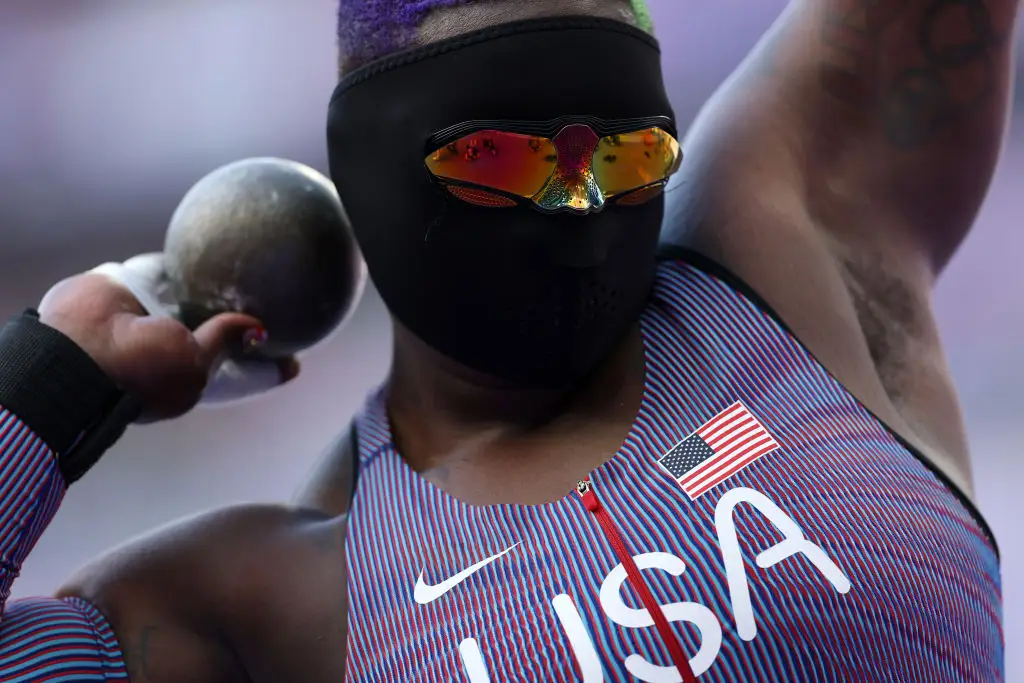 Raven Saunders of Team USA competes with a mask in the women's shot put qualification at the Paris 2024 Olympics. (Patrick Smith/Getty Images)