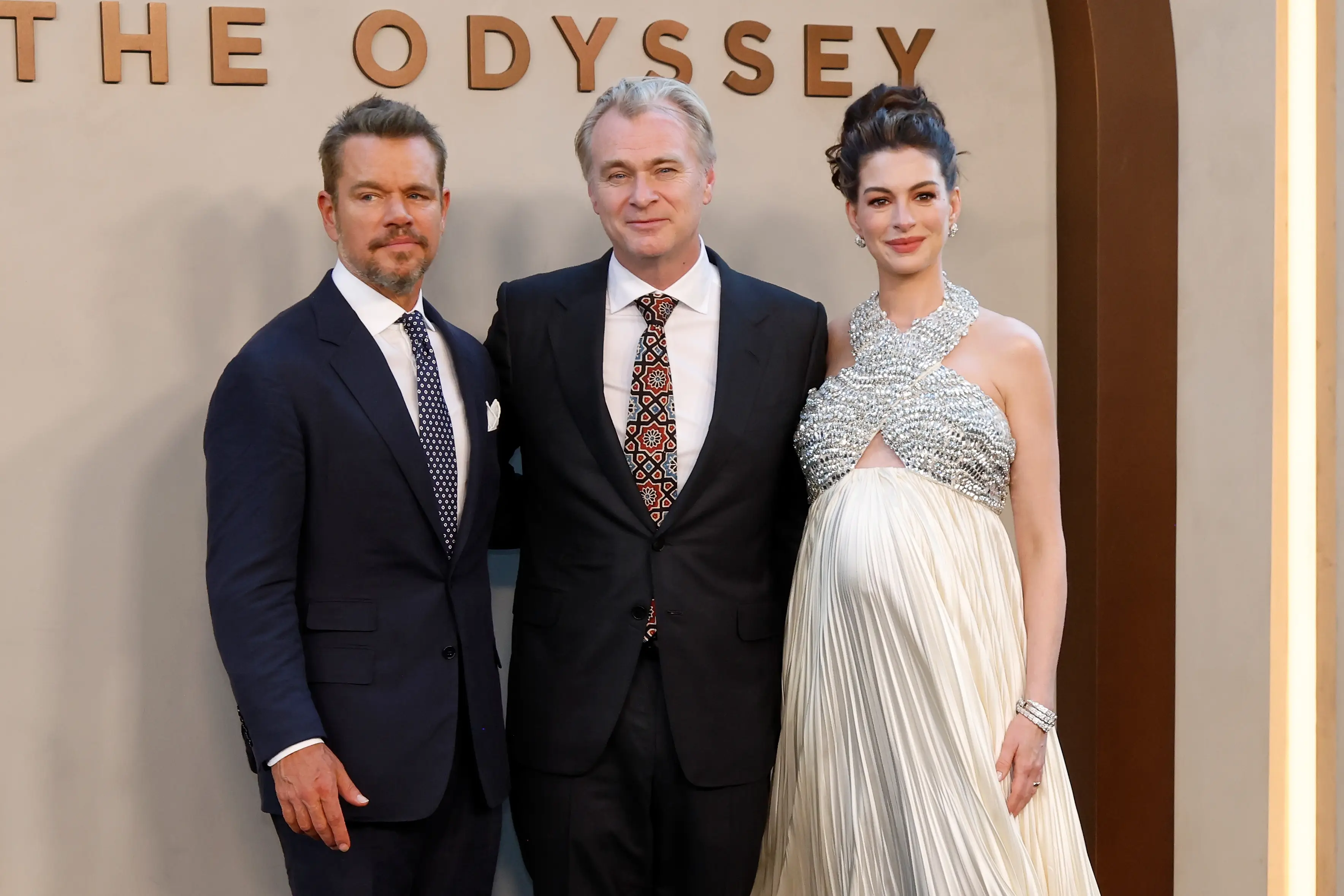 Matt Damon, Christopher Nolan, and Anne Hathaway seen at the New York premiere of The Odyssey (Taylor Hill/Getty Images)