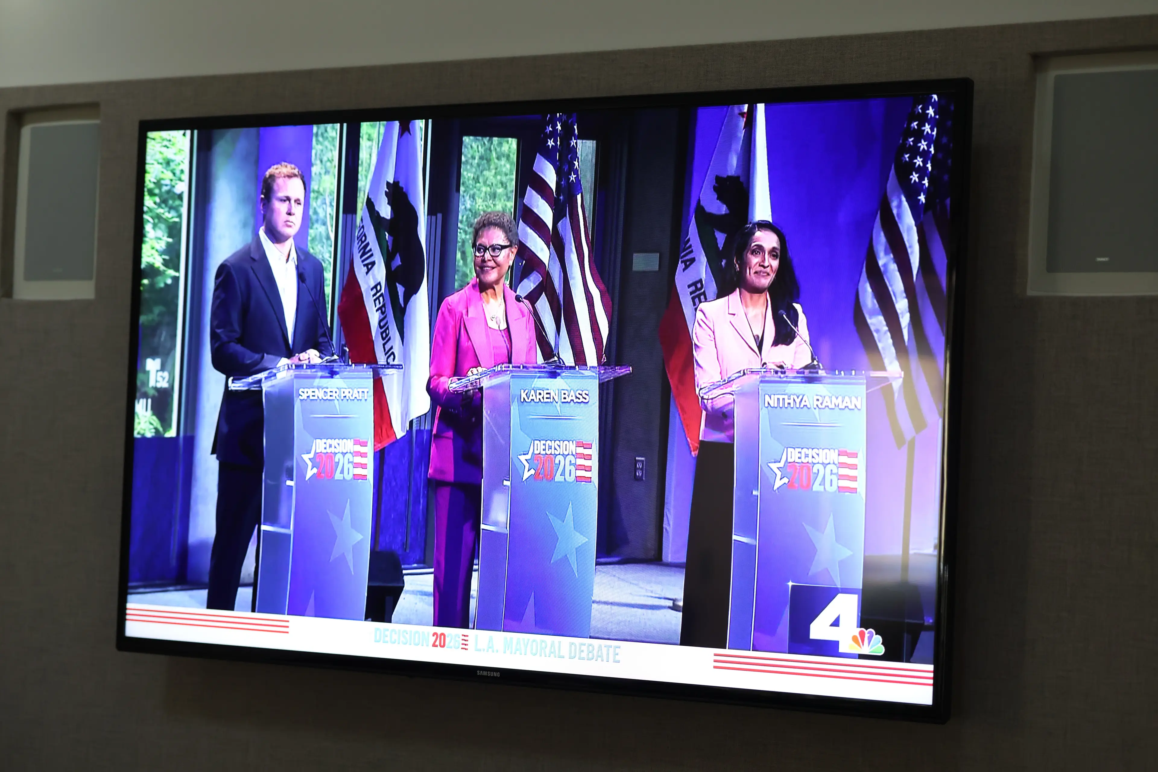 Spencer Pratt, Karen Bass and Nithya Raman are vying for the mayoral position (Jason Armond/Los Angeles Times via Getty Images)