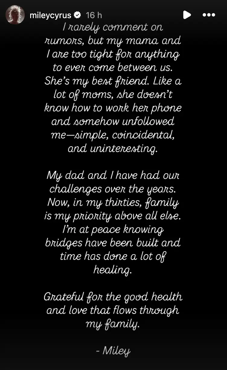 Her post on Instagram suggested there was no beef between the pair (Instagram/@mileycyrus)