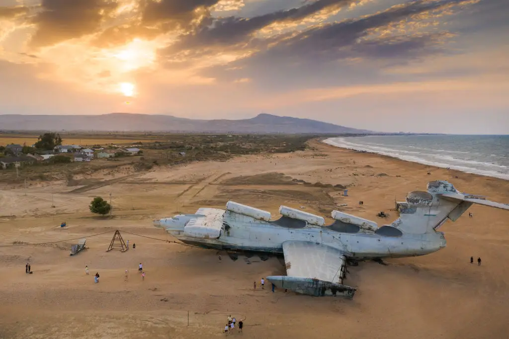 The 283-tonne, 63ft tall war machine lays dormant on the coast of Derbent, Russia (Alexander Manzyuk/Anadolu Agency via Getty Images)