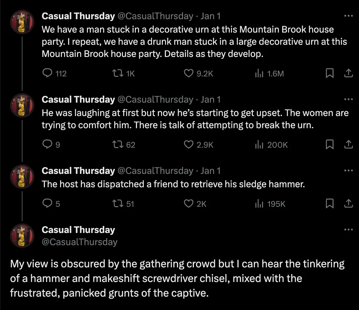 X-user @CasualThursday live tweeted the ordeal.