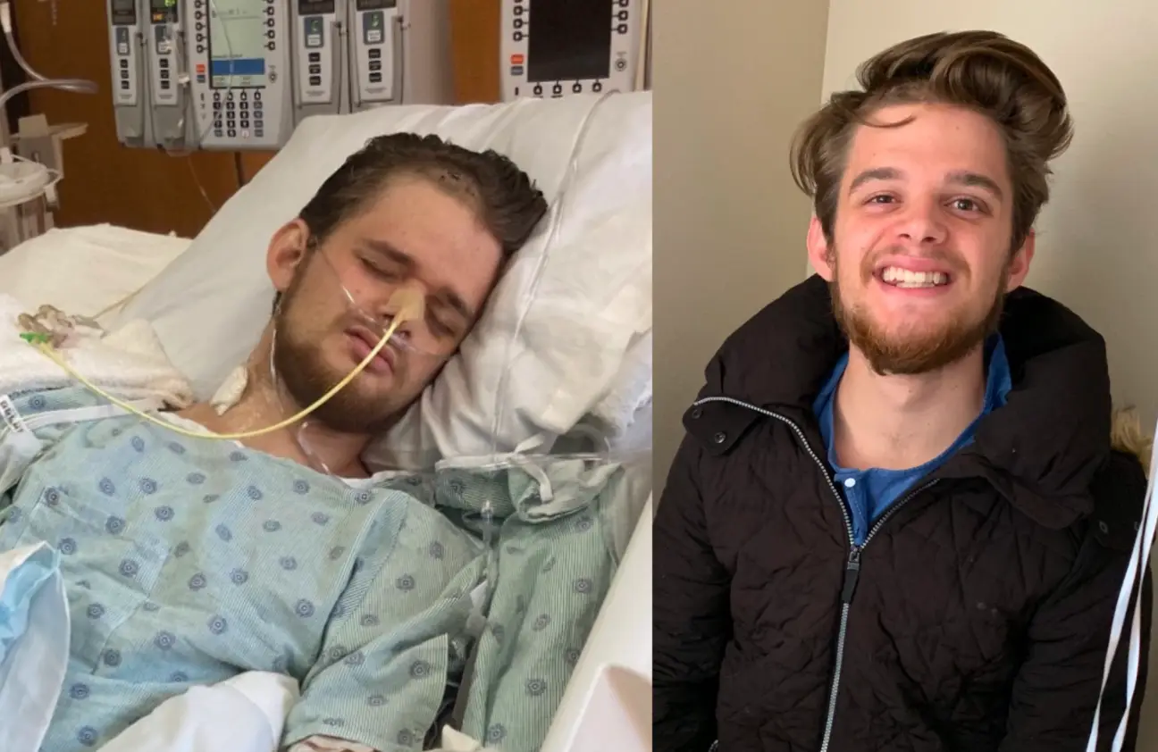 Gabe Poirot seen during his coma and shortly after he woke up (Supplied)