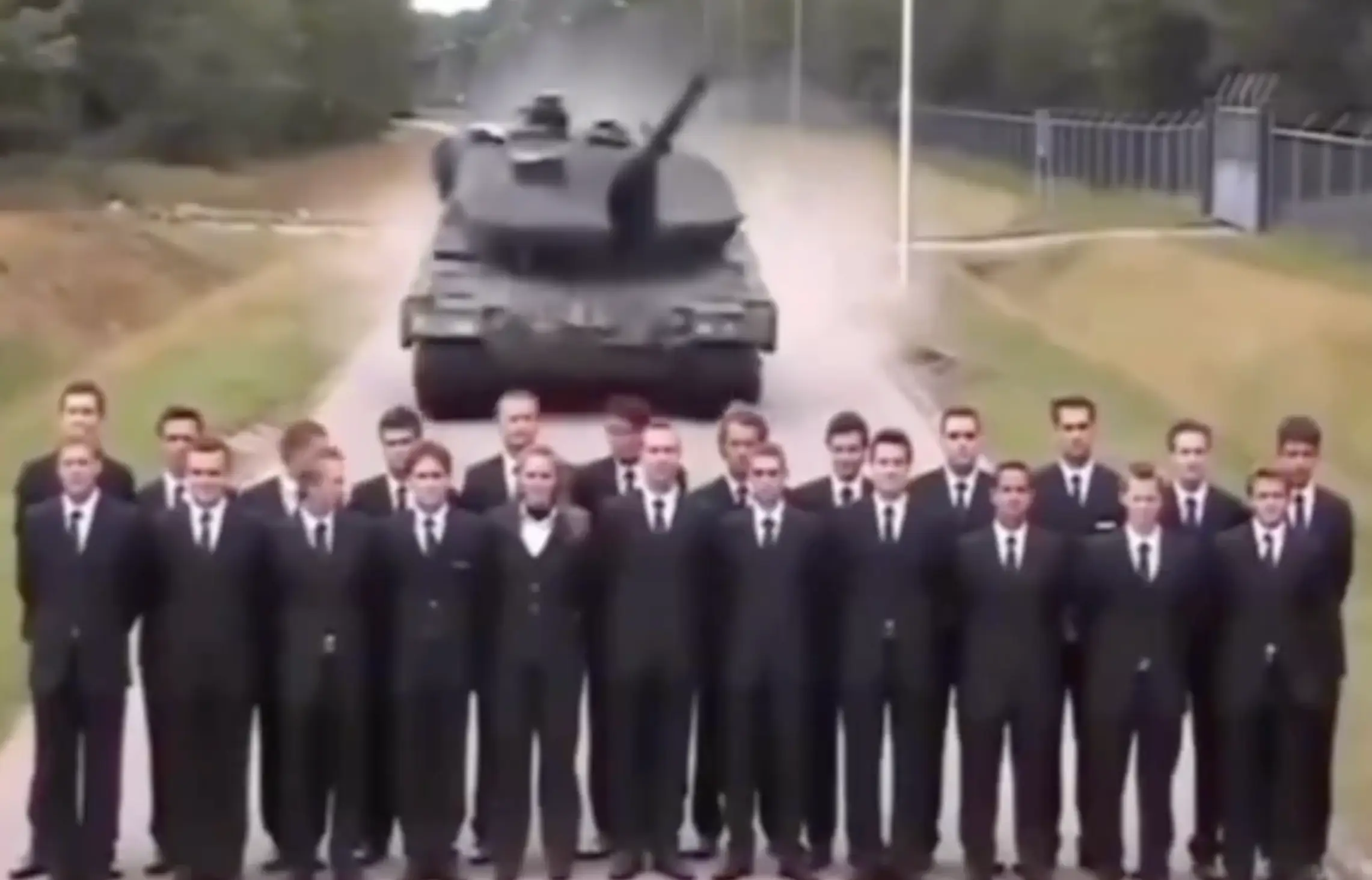 he tank comes to a firm halt, less than a few meters away from... well running over everyone in its path. (X/@historyinmemes)