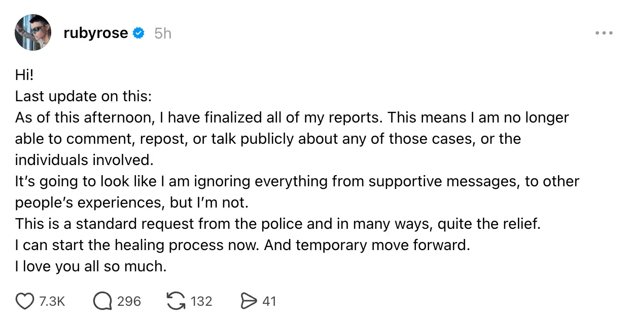 Ruby Rose has claimed that she's now filed a police report against Katy Perry (rubyrose/Threads)