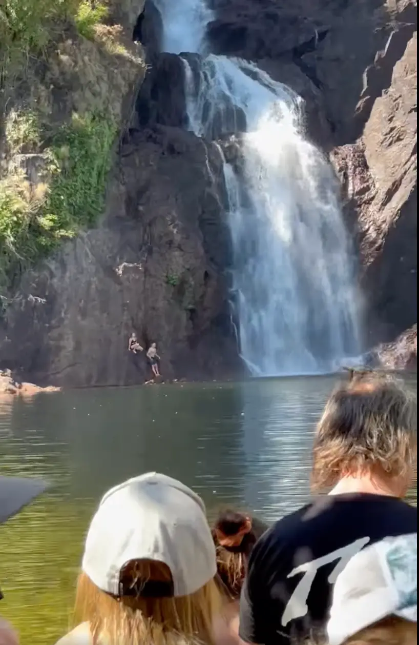 A saltwater crocodile charged at a group of tourists, leaving some clinging on to rocks as a means of safety.