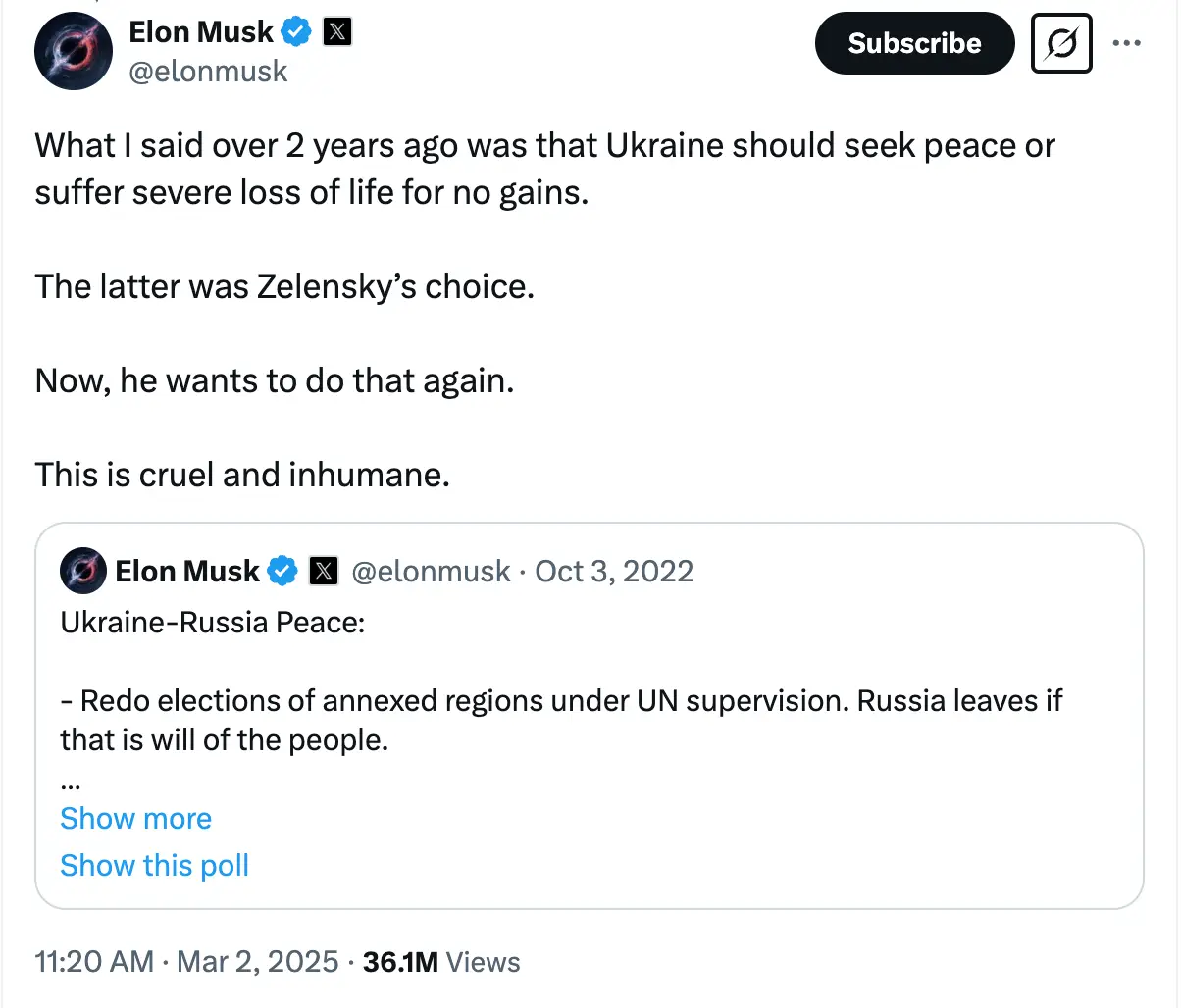 Musk accused Zelenskyy's actions of being 'cruel and inhumane' (X/@elonmusk)