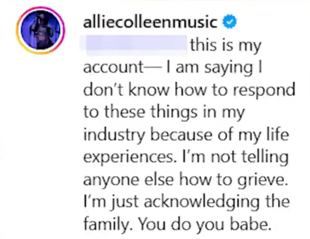 She insisted she's not 'telling anyone else how to grieve' (Instagram/@alliecolleenmusic)