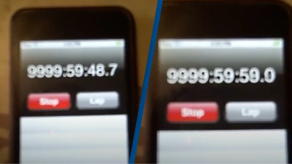 Man shows what happens when a iPod stopwatch goes round the clock and passes 9,999 hours