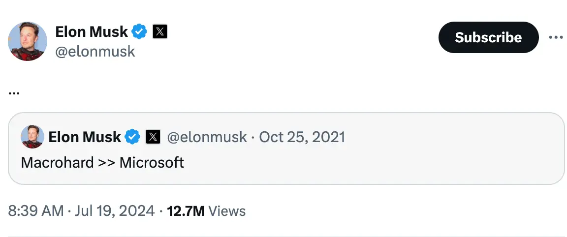 Musk's jokey criticism of Microsoft is nothing new. (X/@elonmusk)