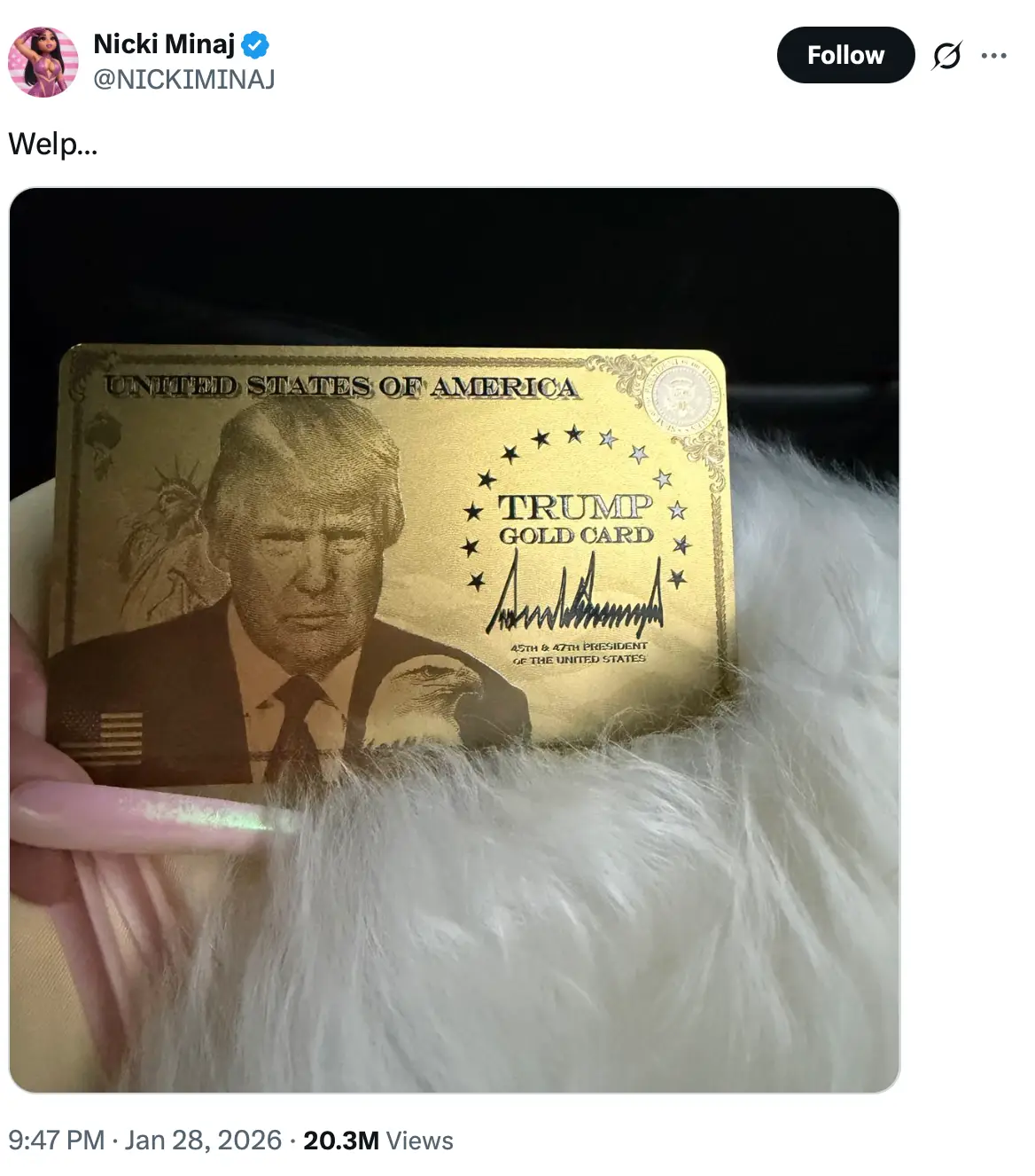 Nicki Minaj was seemingly gifted a Trump Gold Card (X/@nickiminaj)