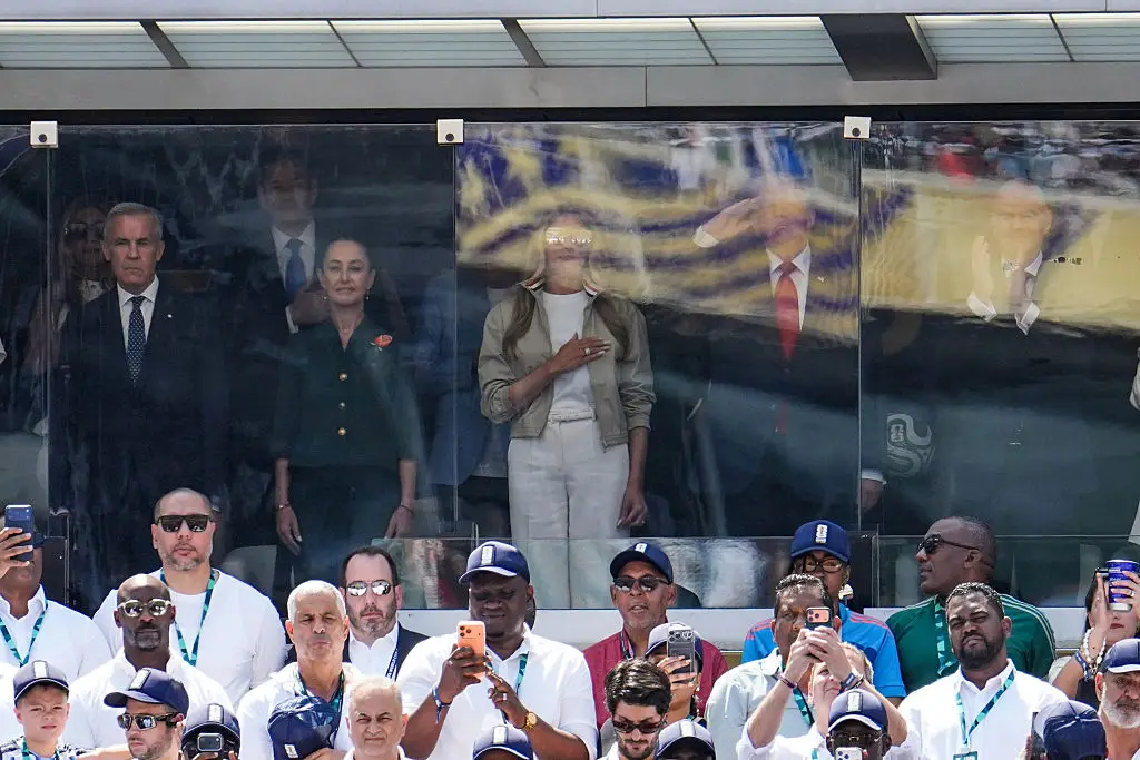 Melania was seen wearing big sunglasses as she attended the World Cup final (Photo by Haiyun Jiang - Pool/Getty Images)
