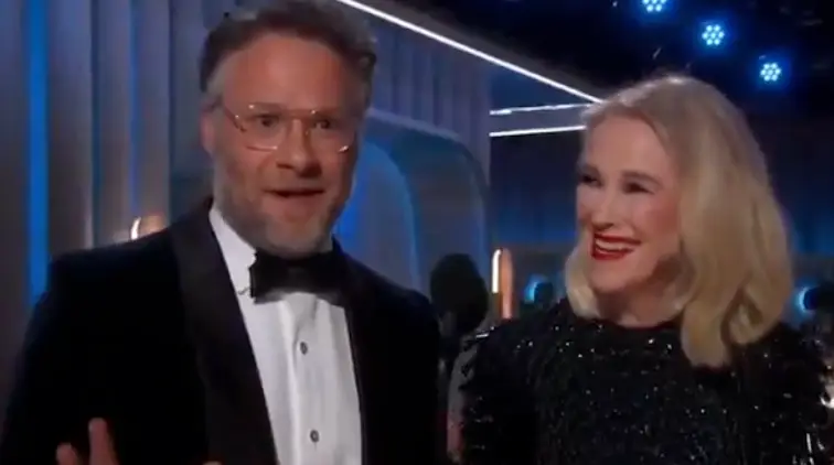 Seth Rogen was quick to make a joke about the 'inelegant' camera angle (CBS) 