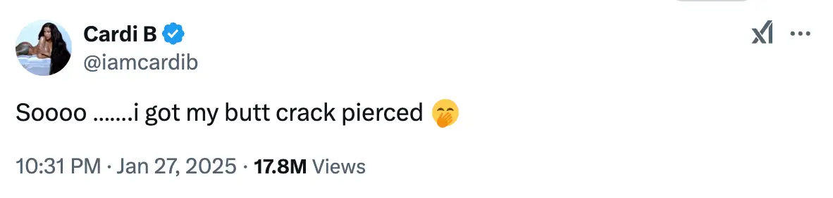 Cardi B recently revealed that she'd got her 'butt crack pierced' (Twitter/@iamcardib)