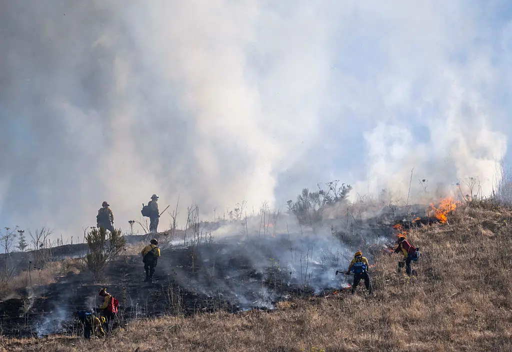 Orange County Fire Authority firefighters work to extinguish flames and embers on a dry, grassy hillside (Jeff Antenore/MediaNews Group/Orange County Register via Getty Images)