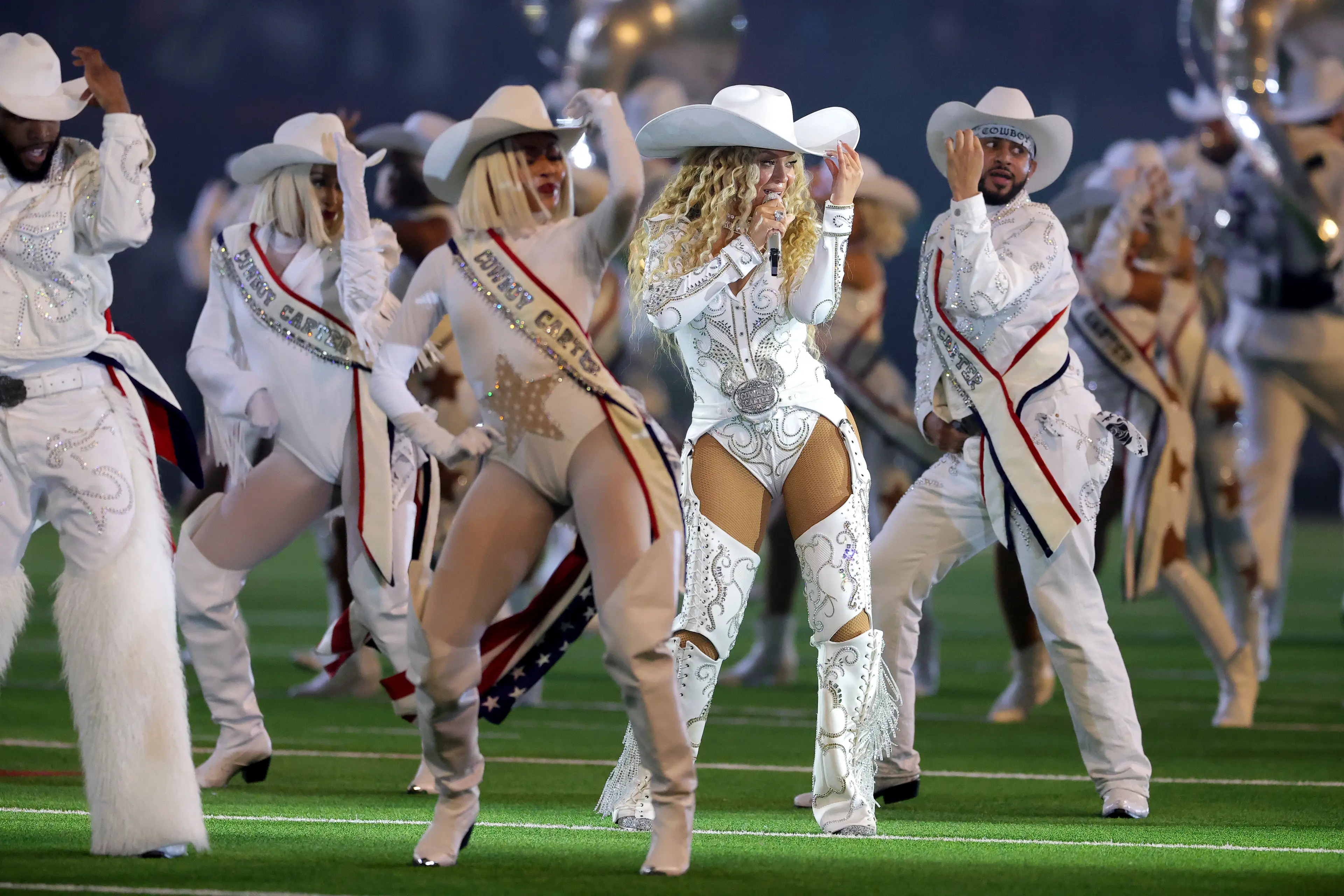 Beyoncé performs during the halftime show for the game between the Baltimore Ravens and the Houston Texans (Alex Slitz/Getty Images)