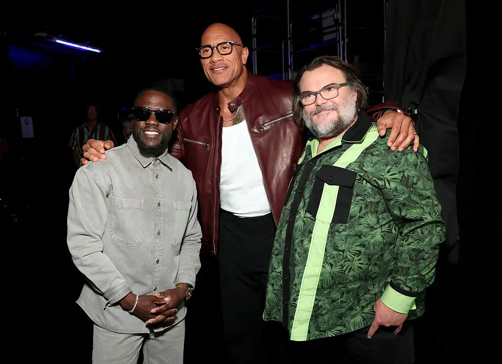 Kevin Hart with his Jumani co-stars Dwayne Johnson and Jack Black (Monica Schipper/Getty Images for CinemaCon)