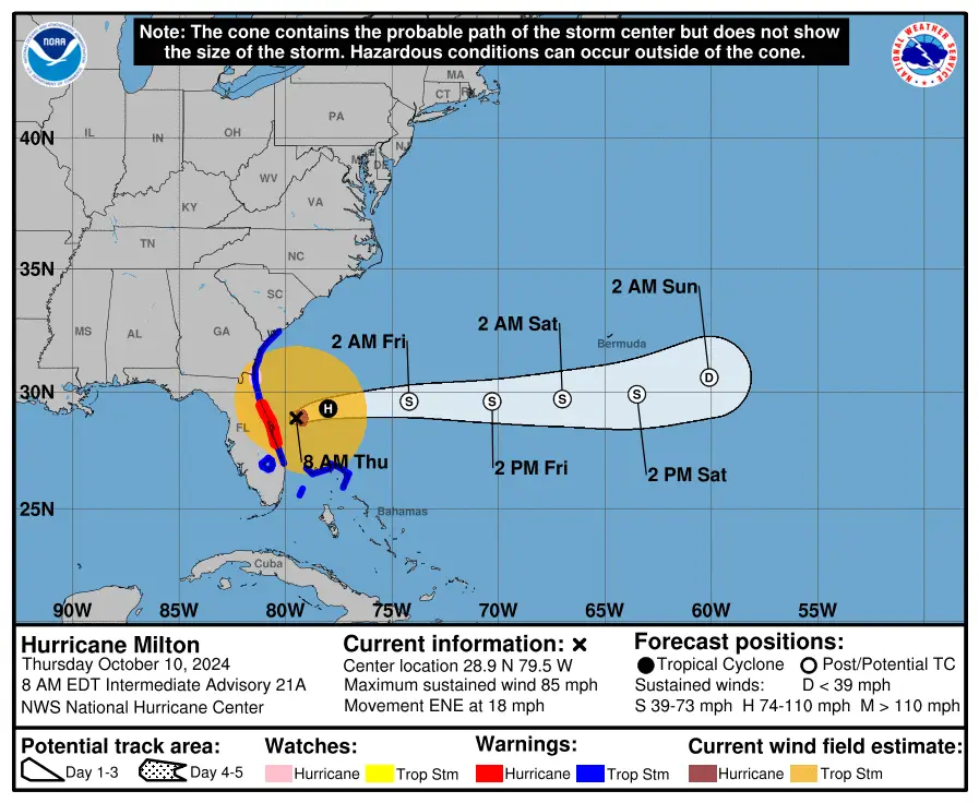 The National Oceanic and Atmospheric Administration and National Weather Service has predicted Hurricane Milton to pass by Bermuda (NOAA/NWS)