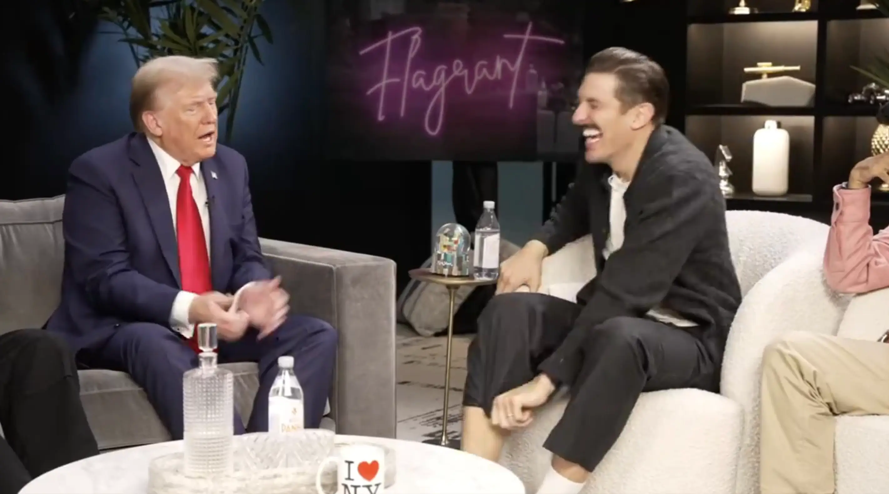 The podcast hosts were left laughing at Trump's claims he is 'a truthful person'. (Flagrant podcast/YouTube)