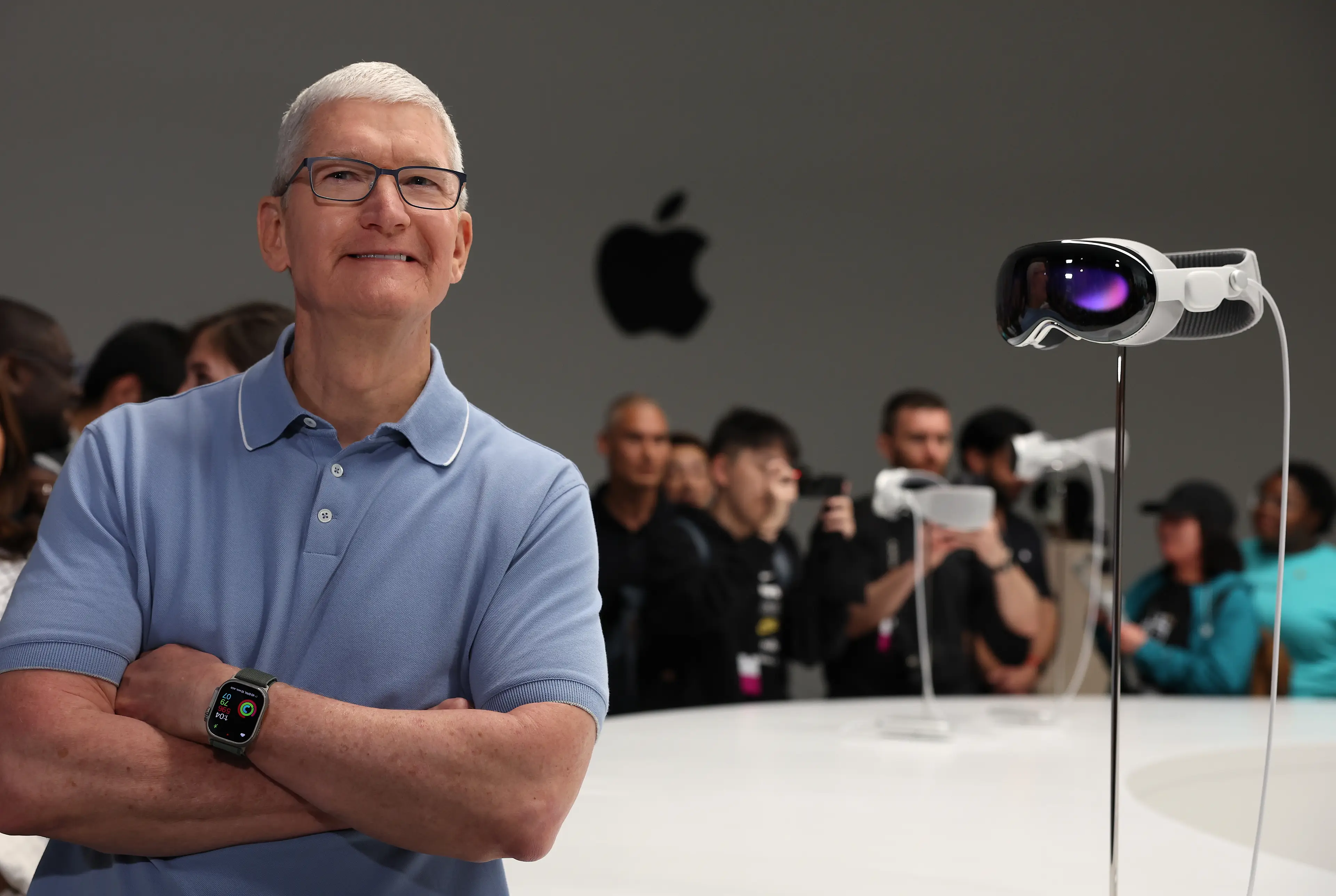 Apple CEO Tim Cook with the Apple Vision Pro.