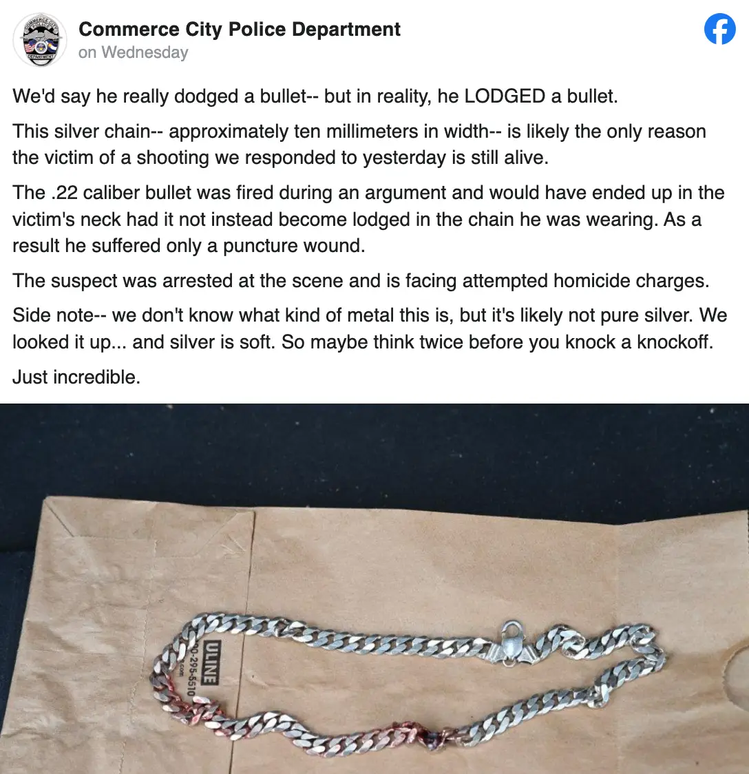 The Commerce City Police Department shared the images online of the necklace. (Commerce City Police Department)