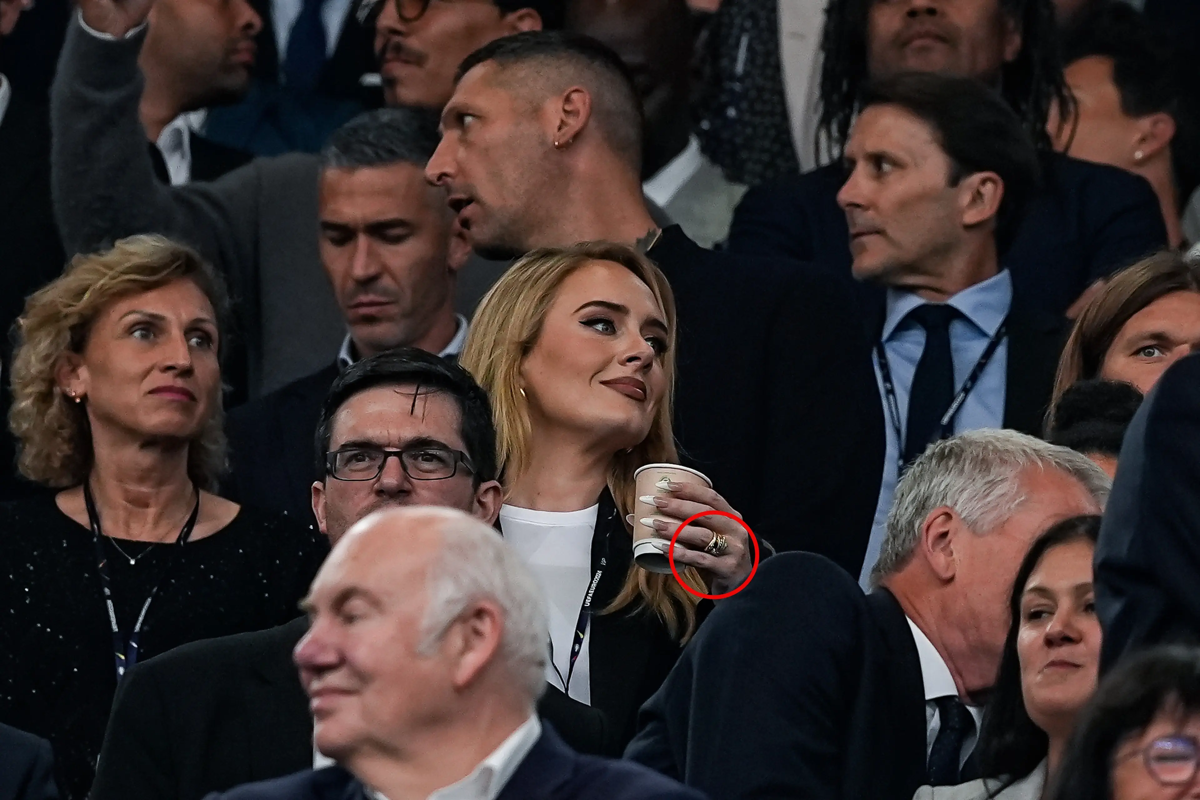 Adele has long been seen rocking some engagement ring-like jewelry. (Daniela Porcelli/ISI Photos/Getty Images)