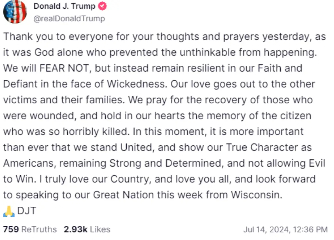 Trump's second statement about the incident (Truth Social/ Donald Trump) 