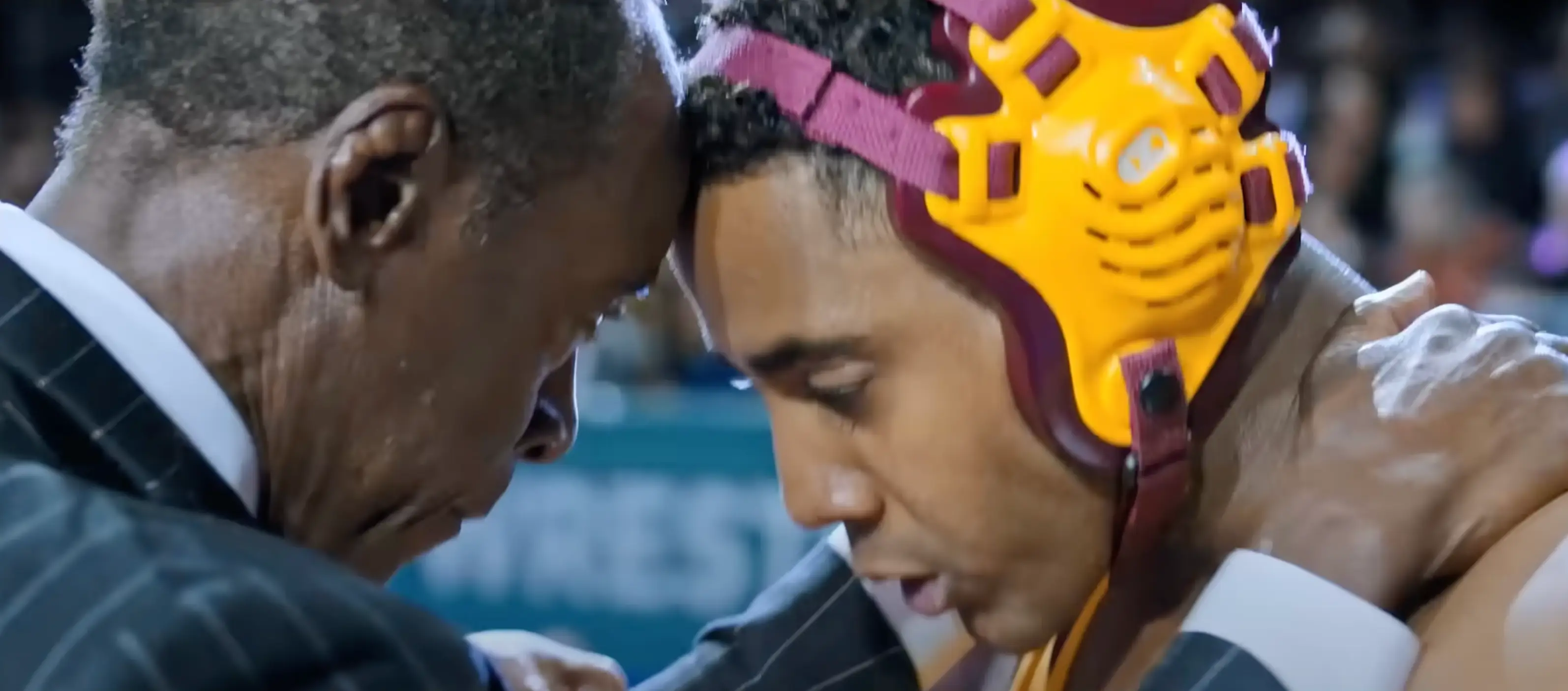 Don Cheadle, portraying Coach Shawn Charles, embraces Jharrel Jerome as Anthony Robles (Prime Video)