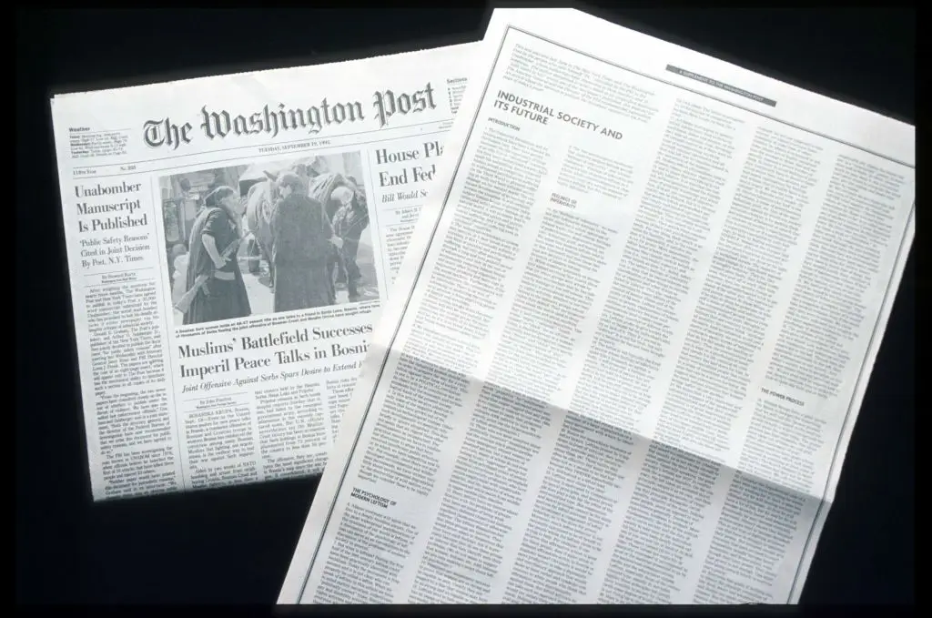 The Unabombers manifesto was published in the Washington Post (Photo by Evan Agostini/Liaison)