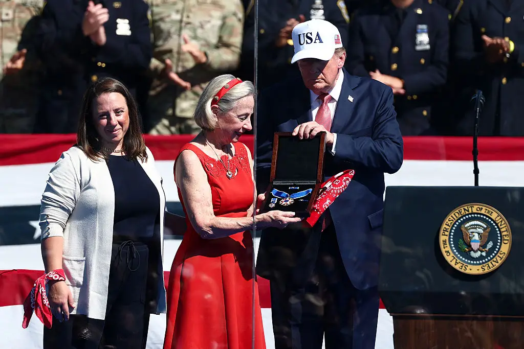 Donald Trump made the claims while he was presenting volunteer firefighter Welles Crowther's mother with a posthumous honor (Photo by Finn Gomez/Getty Images)