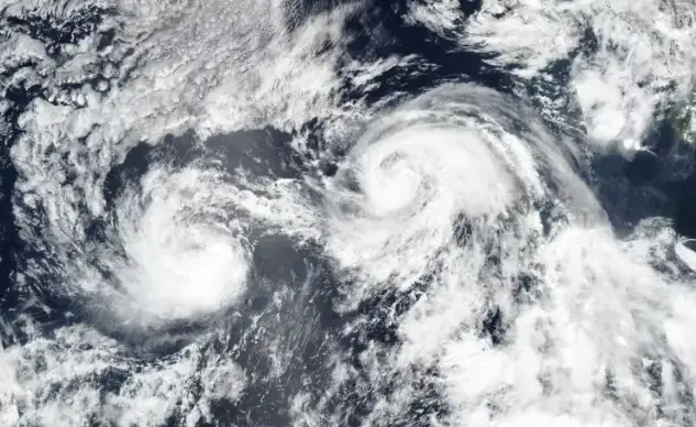 Two storms could interact, causing the Fujiwhara effect (Nasa Worldview)