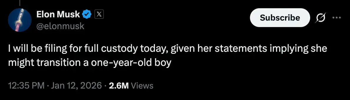 Elon Musk says he's filing for full custody of his son (Twitter)