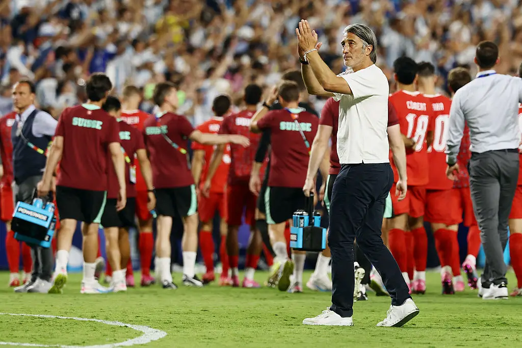 Switzerland's head coach Murat Yakin reacts after losing the 2026 World Cup football tournament quarter-final match between Argentina and Switzerland at the Kansas City Stadium in Kansas City on July 11, 2026. (Photo by CHARLY TRIBALLEAU / AFP via Getty Images)