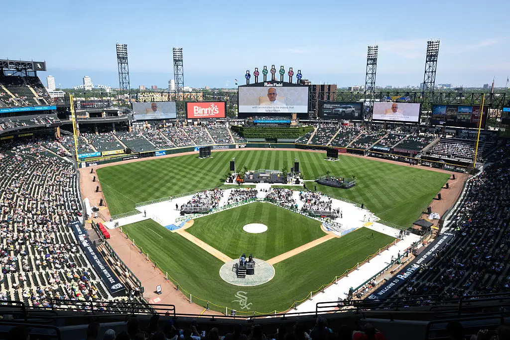 Dozens packed into the stadium to hear Pope Leo's first address to Chicago (Scott Olson/Getty Images)