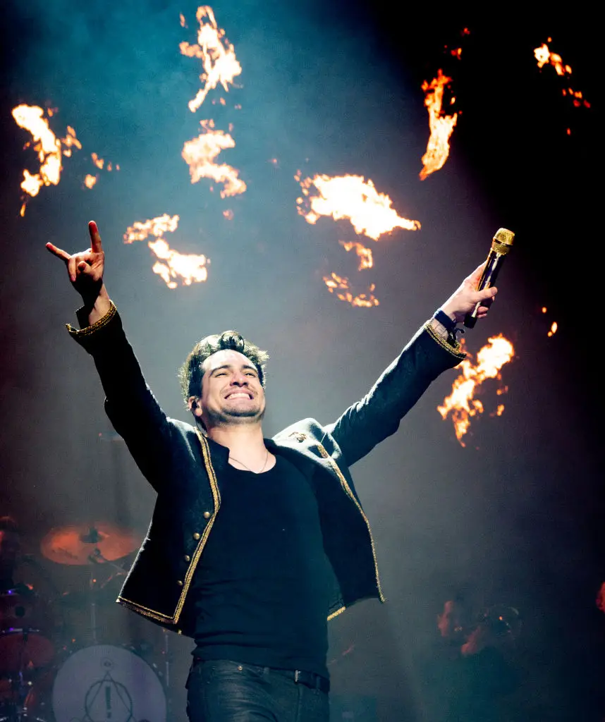 Brendon Urie at Panic! At The Disco last ever show in Manchester, England, back in March 2023 (Shirlaine Forrest/WireImage)
