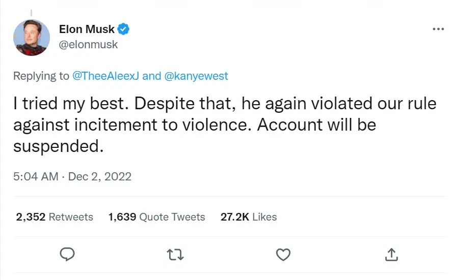 Twitter boss Elon Musk explained that Kanye had been kicked off Twitter.