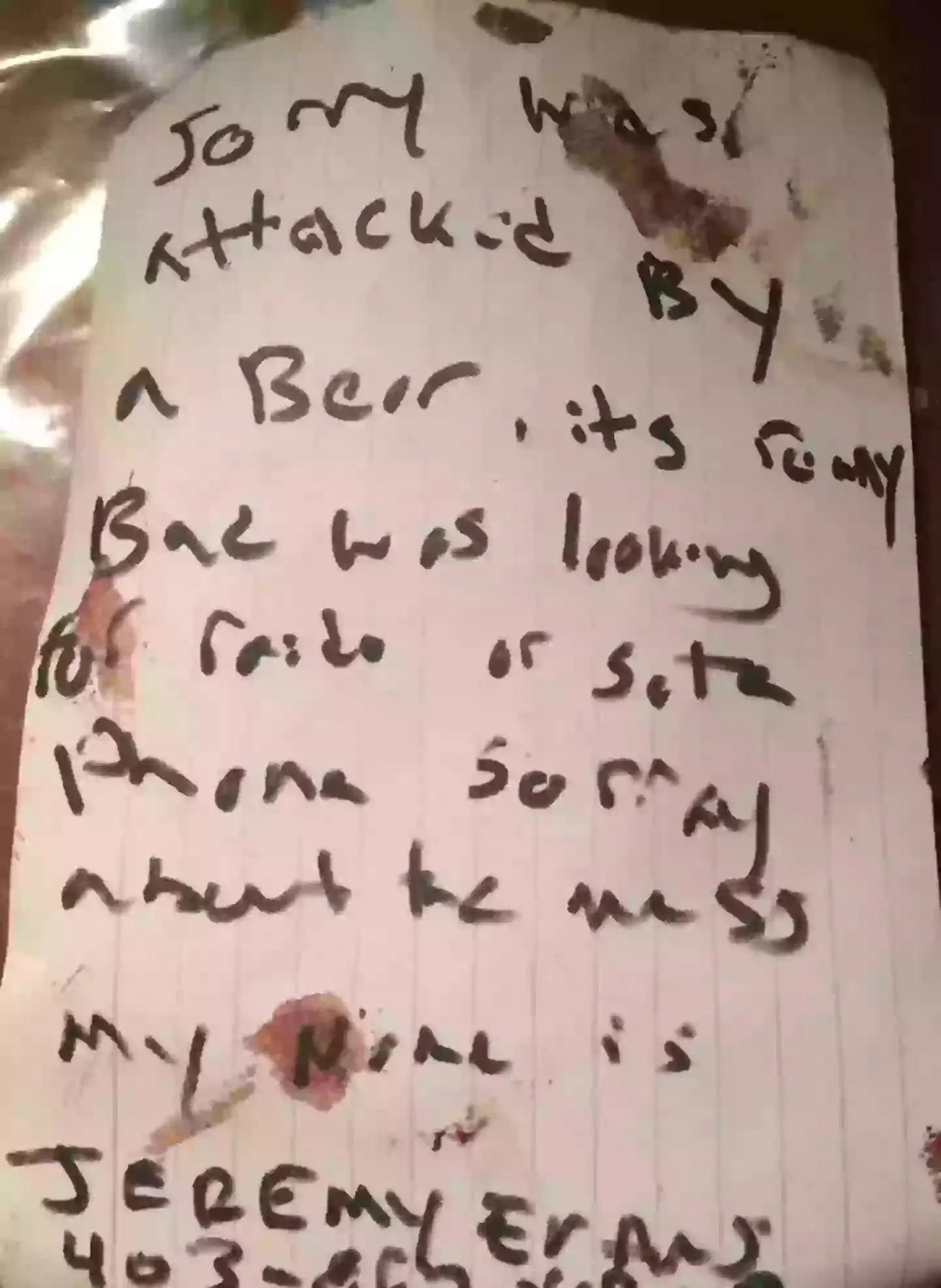 He scrawled a note at the campsite as he tried to seek help (Supplied)