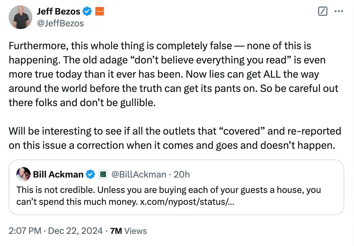 Jeff Bezos responded to the claims on Twitter (X/@JeffBezos)