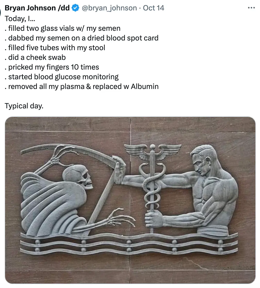 Bryan Johnson opened up about his day on Twitter (X/@bryan_johnson)