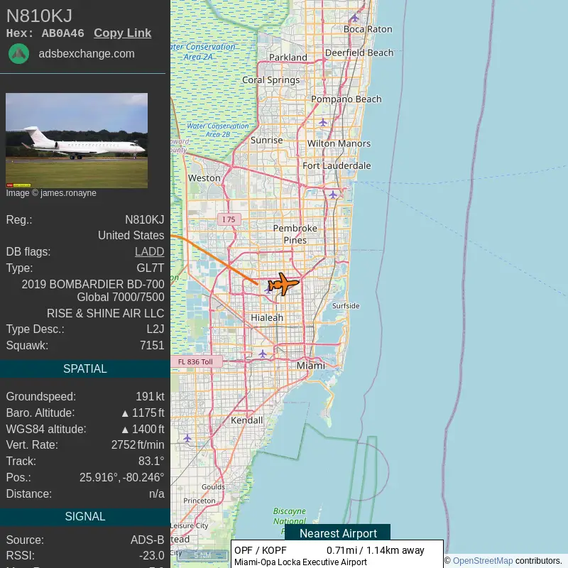 Kylie Jenner's plane flew from 'near Miami, Florida' to 'Van Nuys, California'.